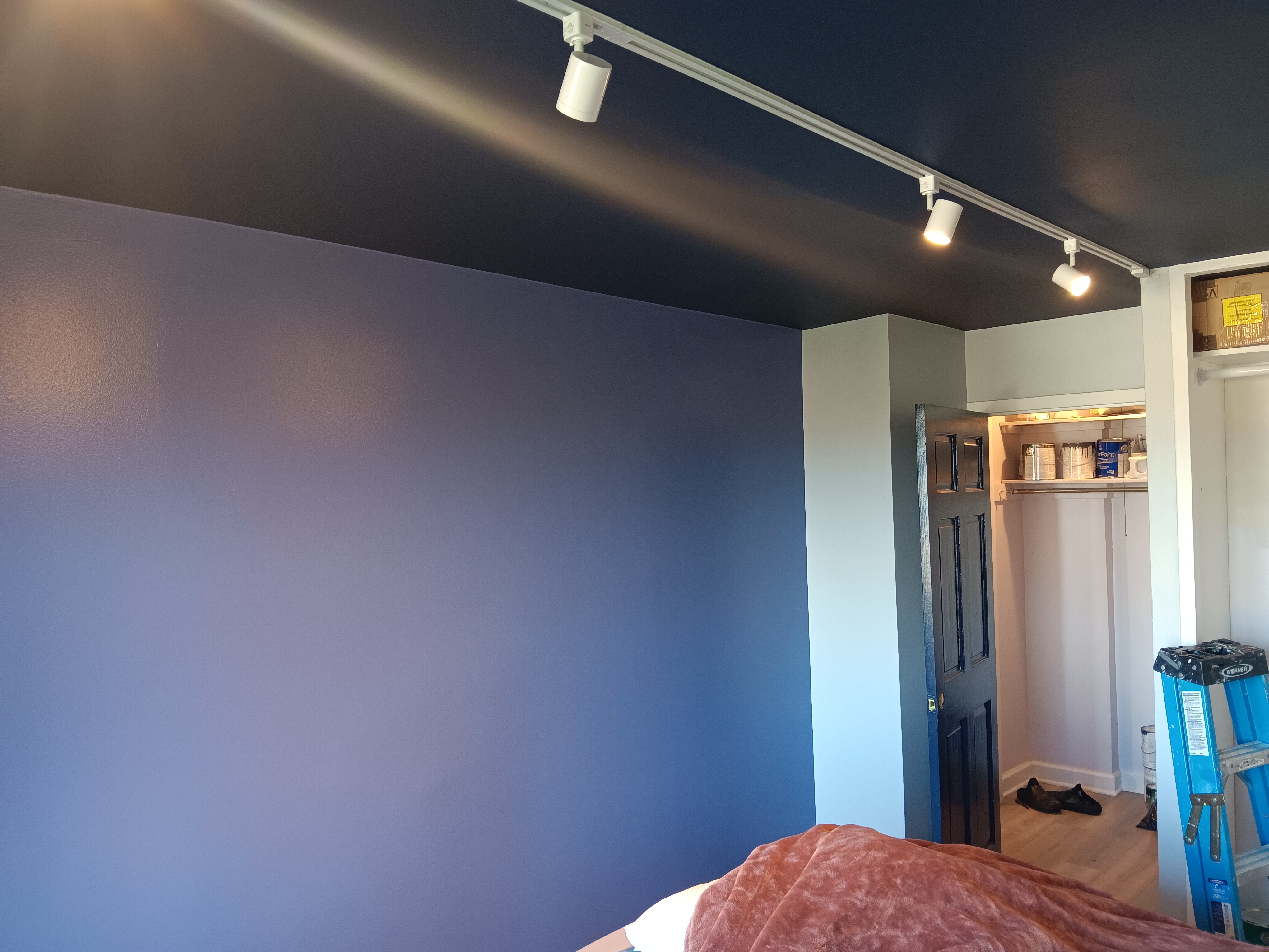 Bedroom painted navy with track lighting